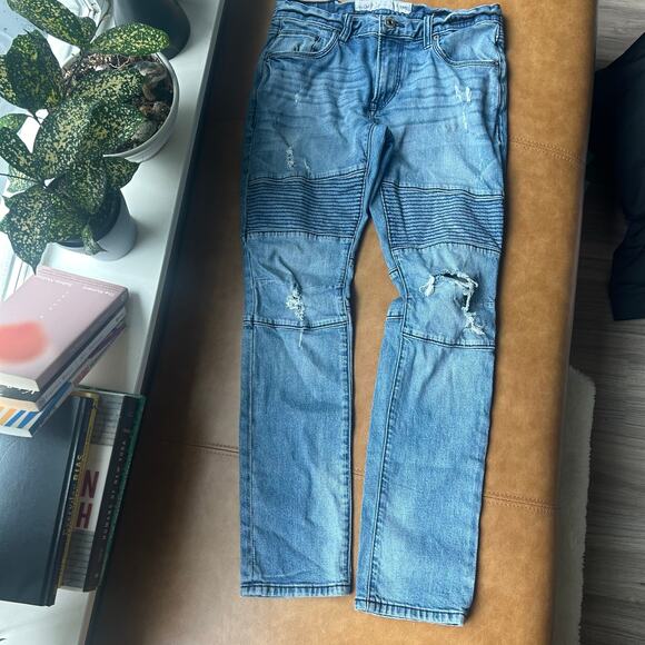 Jeans Moto Style Distressed Ripped Light Wash Denim - Picture 2 of 8